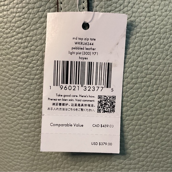 Kate Spade NWT sea foam green pebbled leather tote with bow tie tassel on front - Picture 3 of 15